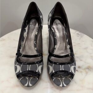 Coach Black White Fabric Patent Leather Logo Peep Toe Pumps